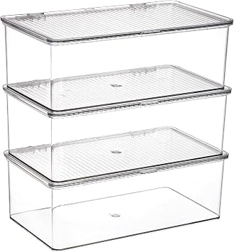 ZENFUN Set of 3 Small Stackable Storage Bins with Hinged Lid, Acrylic Organizer Box, Clear Makeup Organizer Box, Cosmetic Case for Home, Office