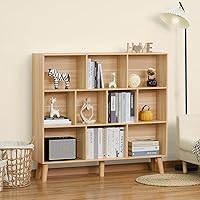 Vista 2 de LEYAOYAO Estantería de 10 cubos, estantería ancha moderna de 3 niveles con patas, estantería de madera de mediados de siglo, estuche grande natural