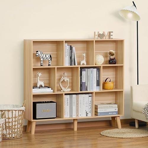 Miniatura 2 de LEYAOYAO Estantería de 10 cubos, estantería ancha moderna de 3 niveles con patas, estantería de madera de mediados de siglo, estuche grande natural,