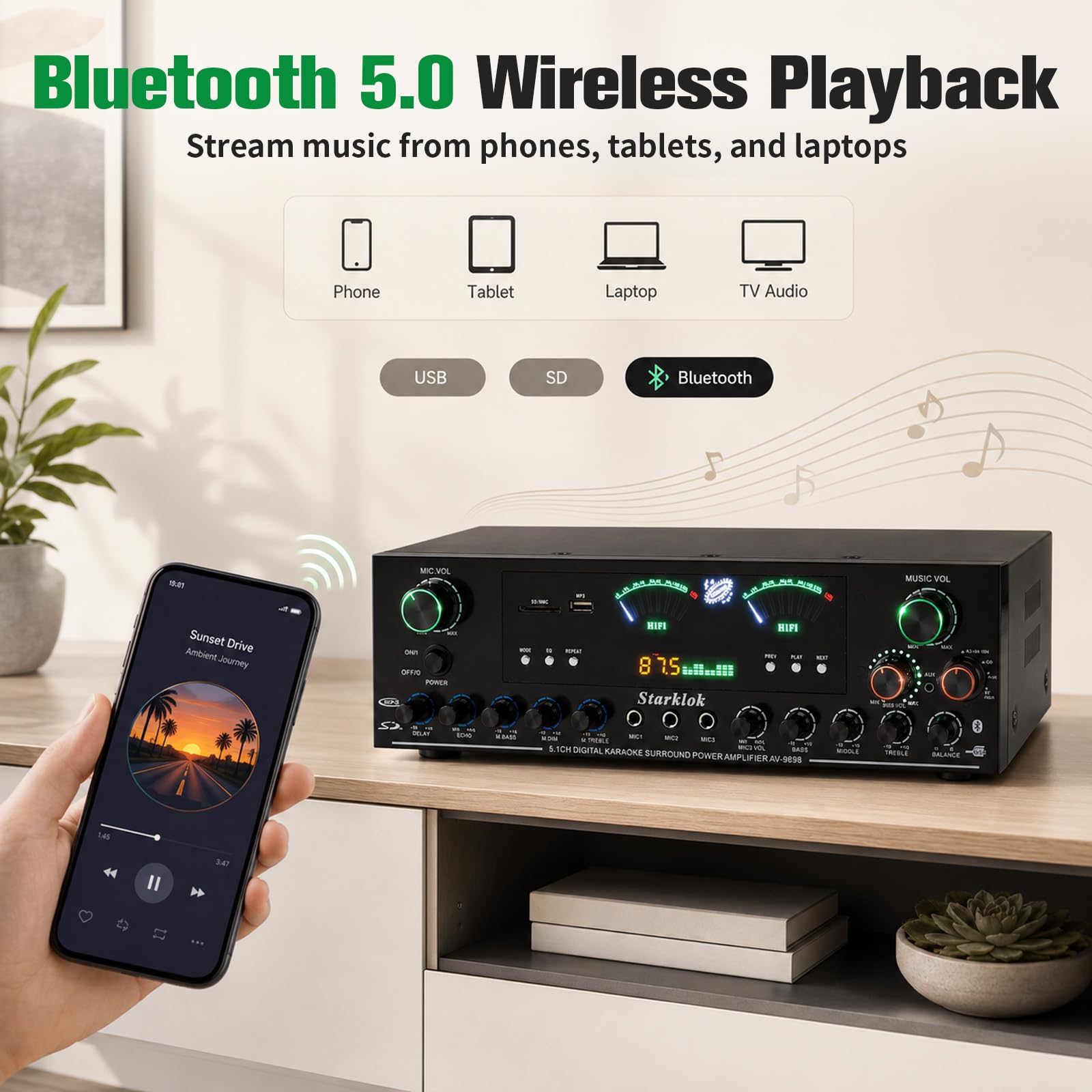 Amplificatore stereo HiFi a 5.1 canali, potenza di picco 3000 W, subwoofer, home theater, amplificatore con Bluetooth 6.0, riproduzione USB/SD, 3 ingressi microfono, 8 livelli terminali con sistema di