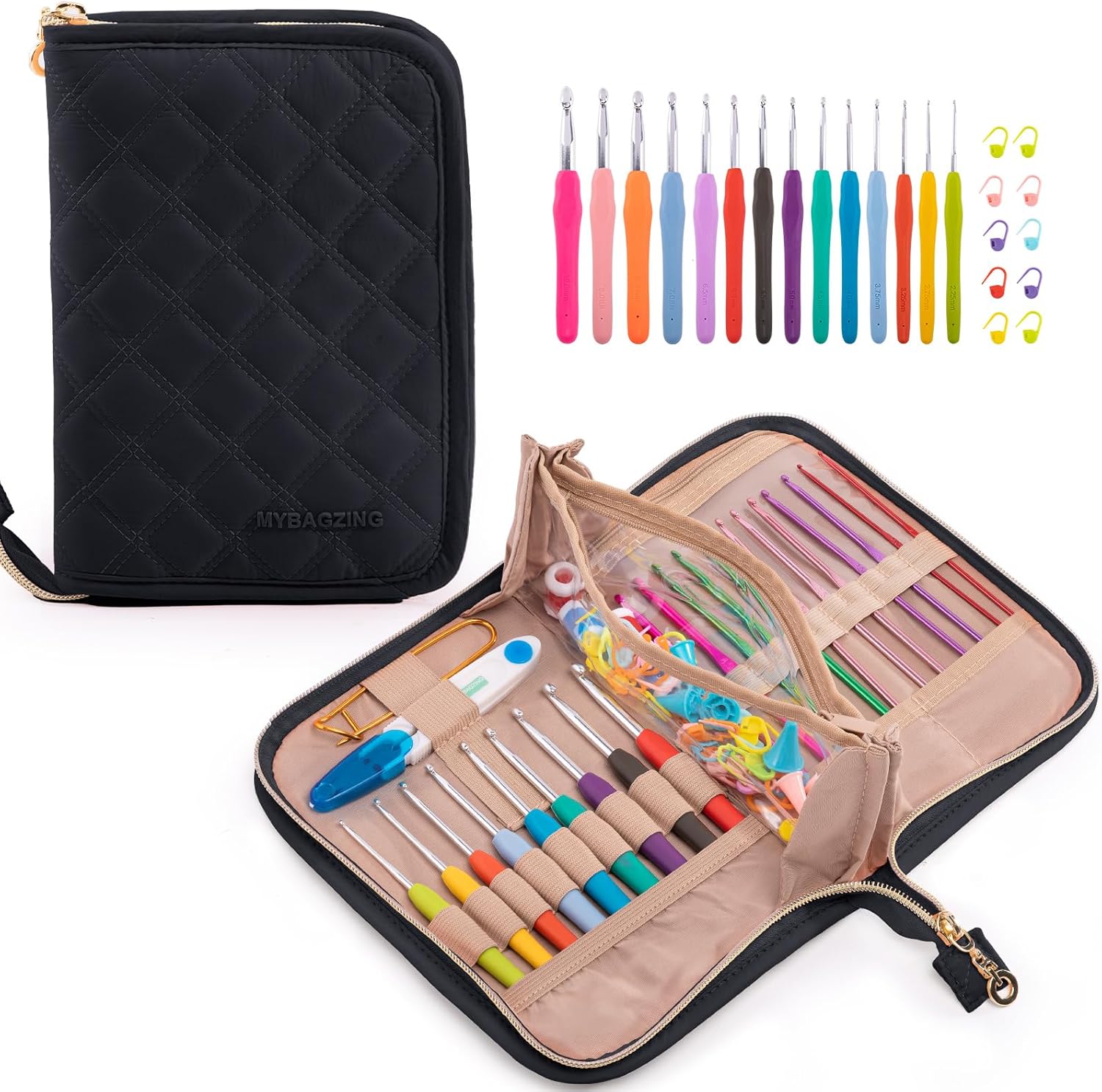 MYBAGZING Crochet Hook Set with Storage Case – 14 Ergonomic Crochet Hooks(2mm(B)-10mm(N), 10 Stitch Markers, Crochet Organizer for Crochet Needles, Accessories, and Supplies