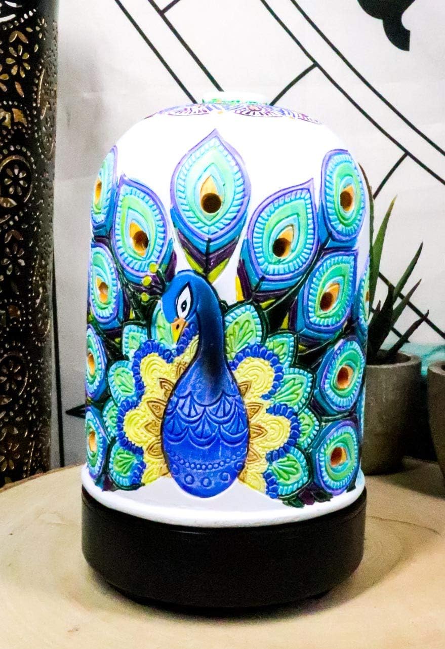 Ebros Gift Wildlife Wonders Beautiful Peacock Train Aroma Essential Oil Diffuser with Colorful LED Lights and Electronic USB Power Cord Home Aromatherapy Accessory