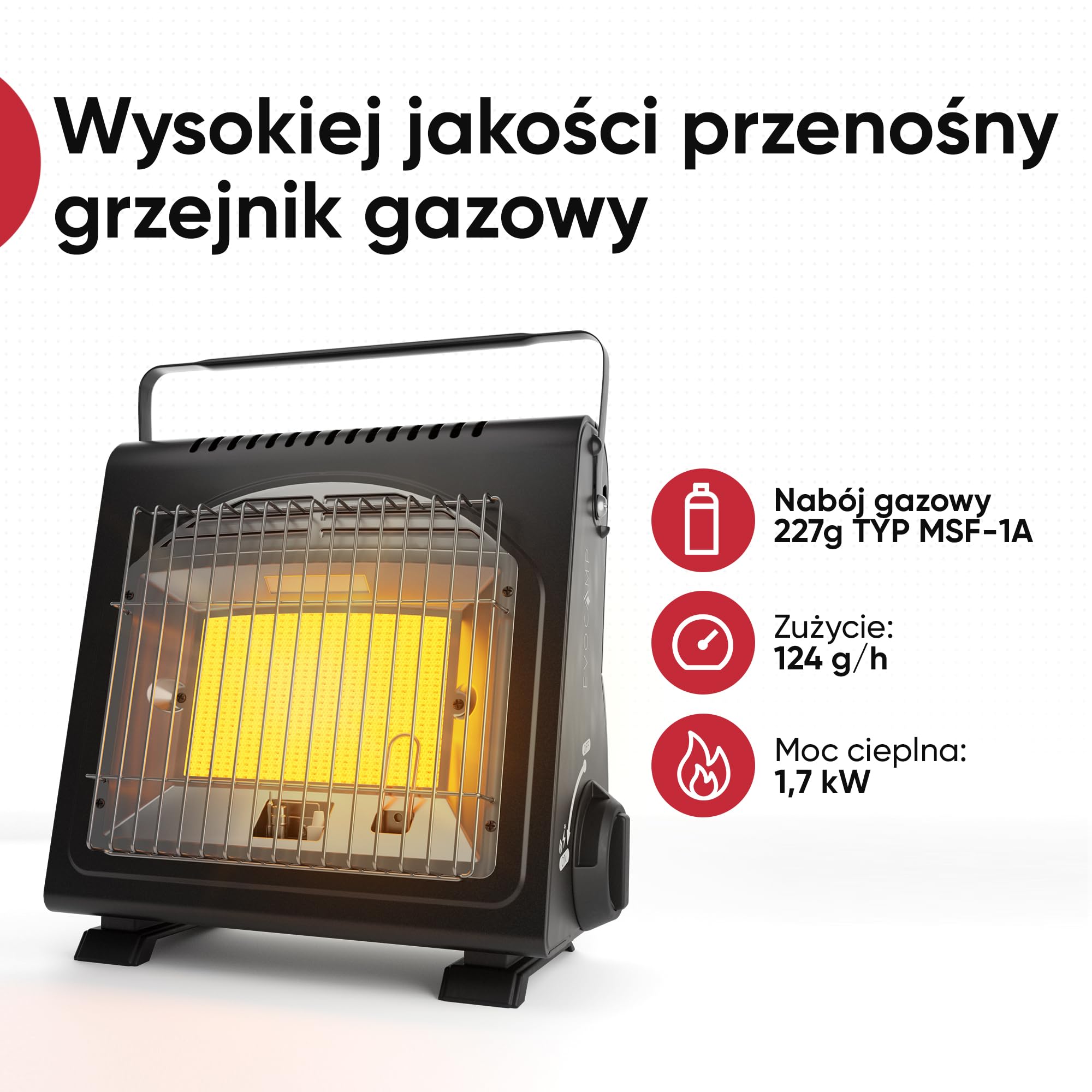EVOCAMP przenośny grzejnik gazowy, grzejnik campingowy 1,7 kW, idealny grzejnik gazowy do użytku zewnętrznego z ODS (czujnik wypalenia tlenu), grzejnik do namiotu