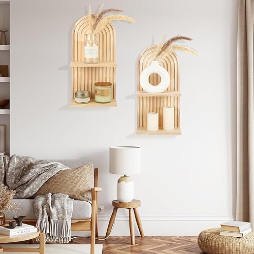 Miniatura 2 de Geetery 2 estantes flotantes de madera de arco de mediados de siglo, estantes de pared de arco iris, estante de pared bohemio retro montado en la