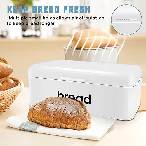 Miniatura 3 de E-far Panera blanca para encimera de cocina, recipiente grande de metal para almacenamiento de pan con 3 botes de café, té, azúcar, panera vintage