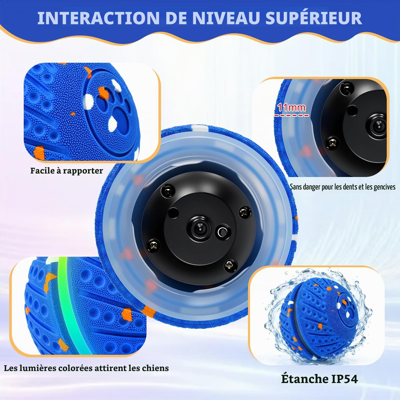Jouet intelligent pour chien - Balle pour chien - Jouet interactif intelligent avec lumière et 3 modes de jeu - Étanche - Rechargeable - Pour chiens de taille moyenne et grande