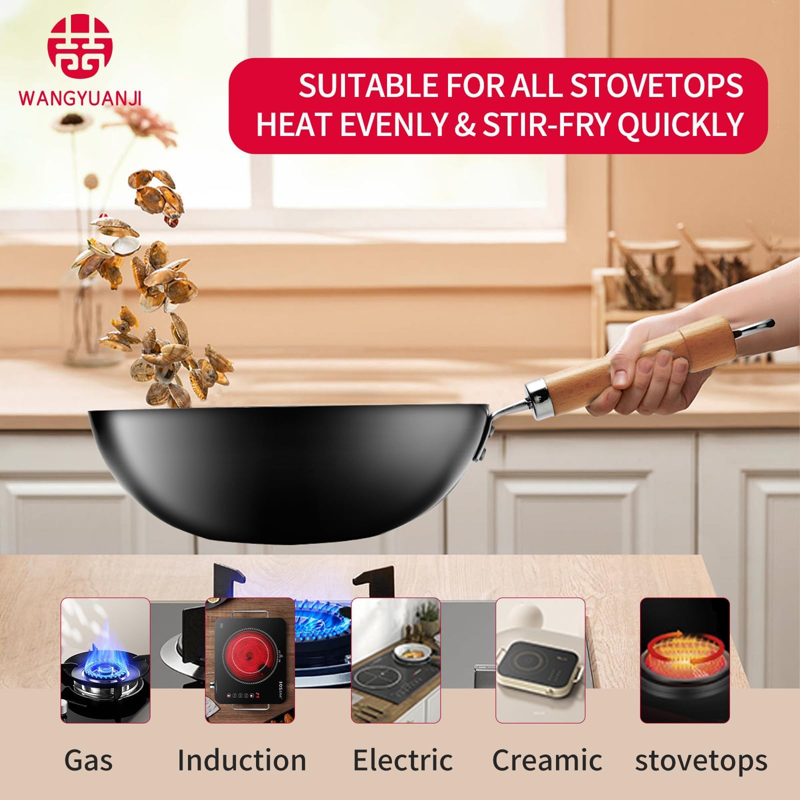 Wok in Ferro da 28 cm/3,5 L Con Coperchio e Bocca per Versare, Acciaio al Carbonio Senza Rivestimento Chimico, Grande Capacità per Tutti i Piani Cottura, Adatto per 2-4 Persone