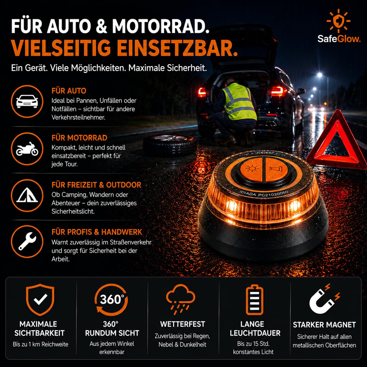 Warnleuchte V16 Notlicht 2026 IDIADA Zulassung Nr. PC21020060 - Warndreieck - Pannendreieck - EU Zulassung - für Auto & Motorrad