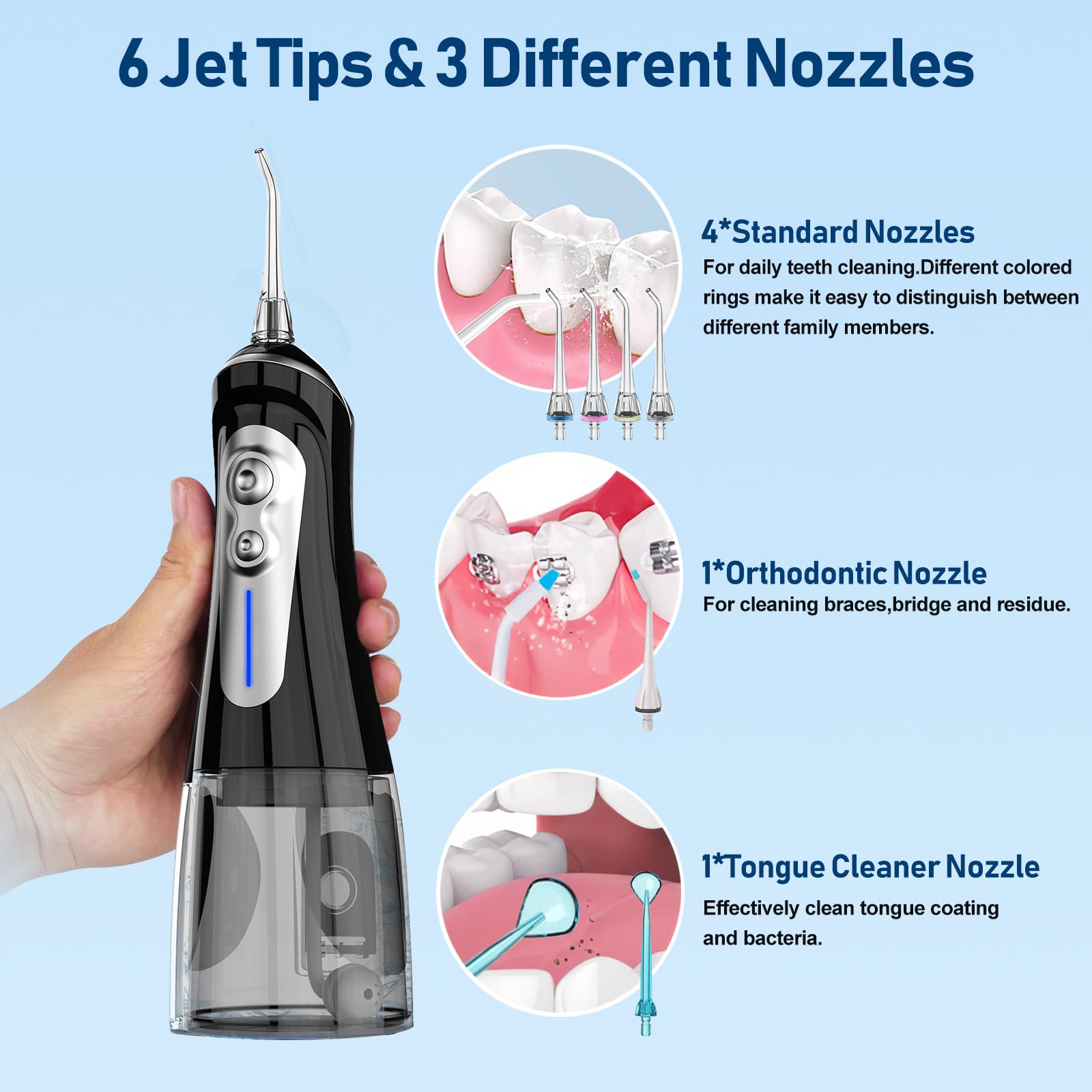 NBGRLVS Irrigador dental de agua para limpieza de dientes inalámbrico, 6 modos ajustables, 320 ml, portátil y recargable, IPX7, impermeable, potente irrigador oral, púas limpiadoras para viajes en