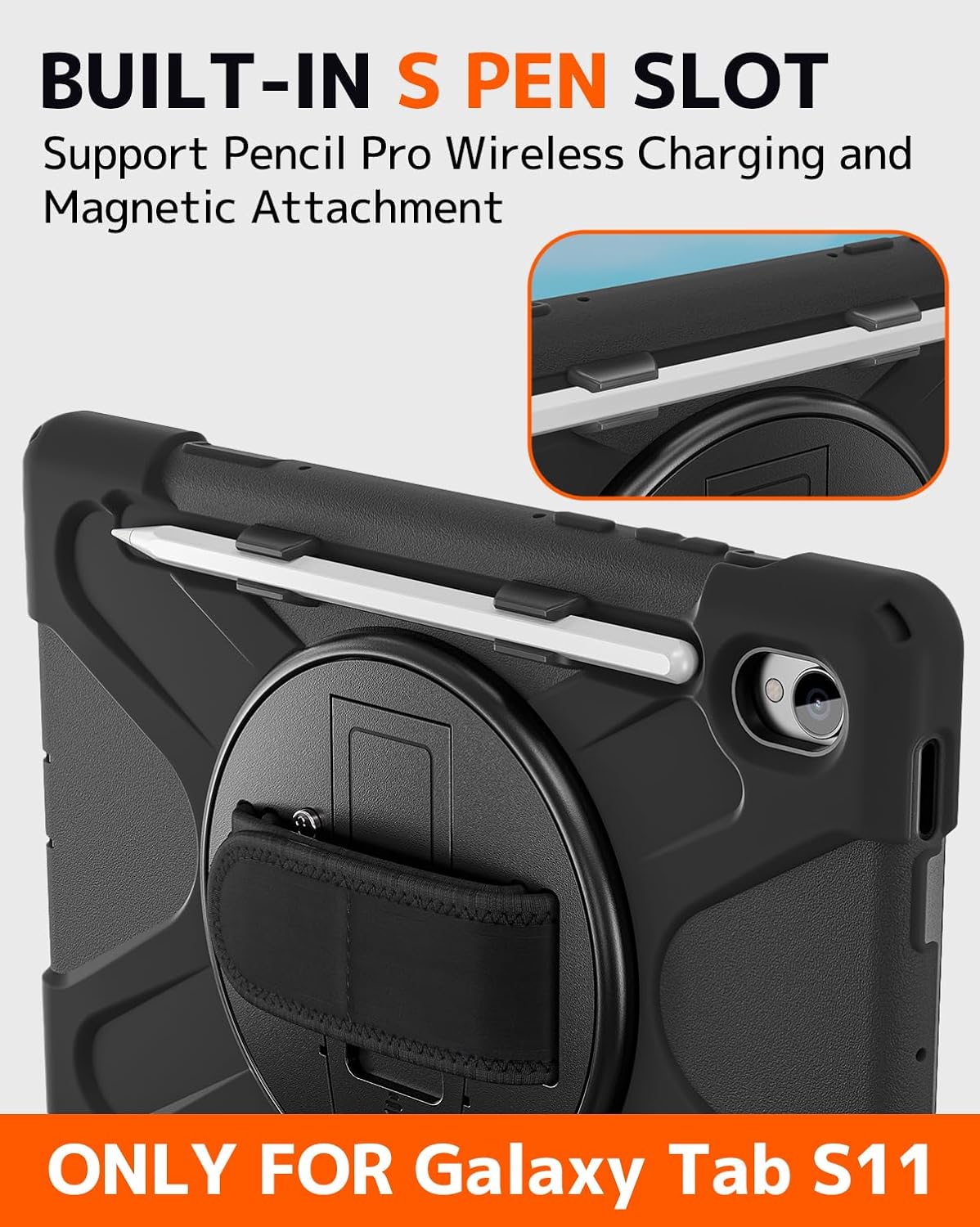 NINKI for Samsung Galaxy Tab S11 Case with Stand, (Hand Strap & Pencil Holder) Shockproof Soft Silicone TPU +PC Protective Cover Cross-Body Lanyard Bumper for Samsung Tab S11 Case 11 inch 2025 Black