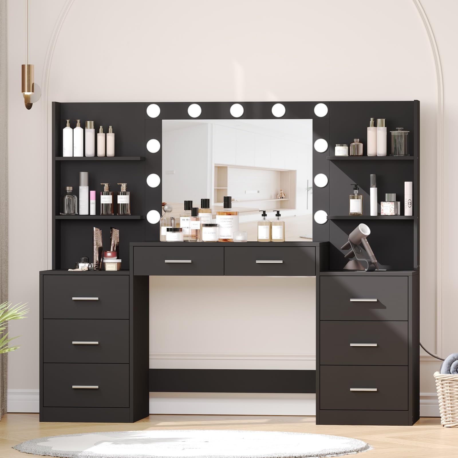 Irontar 61.9‘’L Vanity Desk with Mirror & Lights, Large Makeup Vanity with Charging Station, Makeup Desk with Drawers & Open Storage Shelves, 3 Lighting Modes, Bedroom Vanity Table, Black
