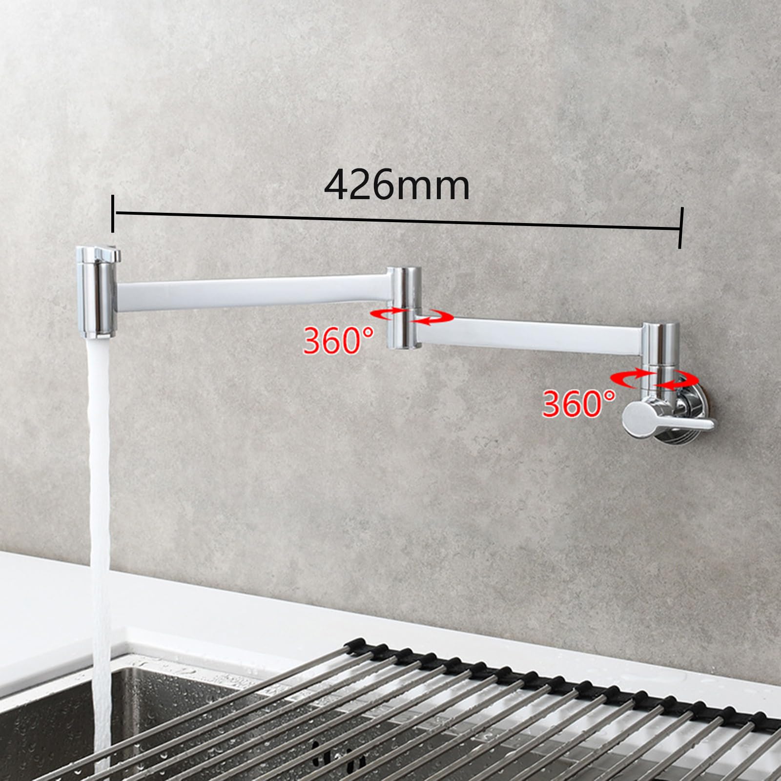 Rubinetto Cucina a Muro,Rubinetto di Riempimento Pentola Acqua Fredda con Braccio Girevole Pieghevole a Doppio Snodo,Cromato