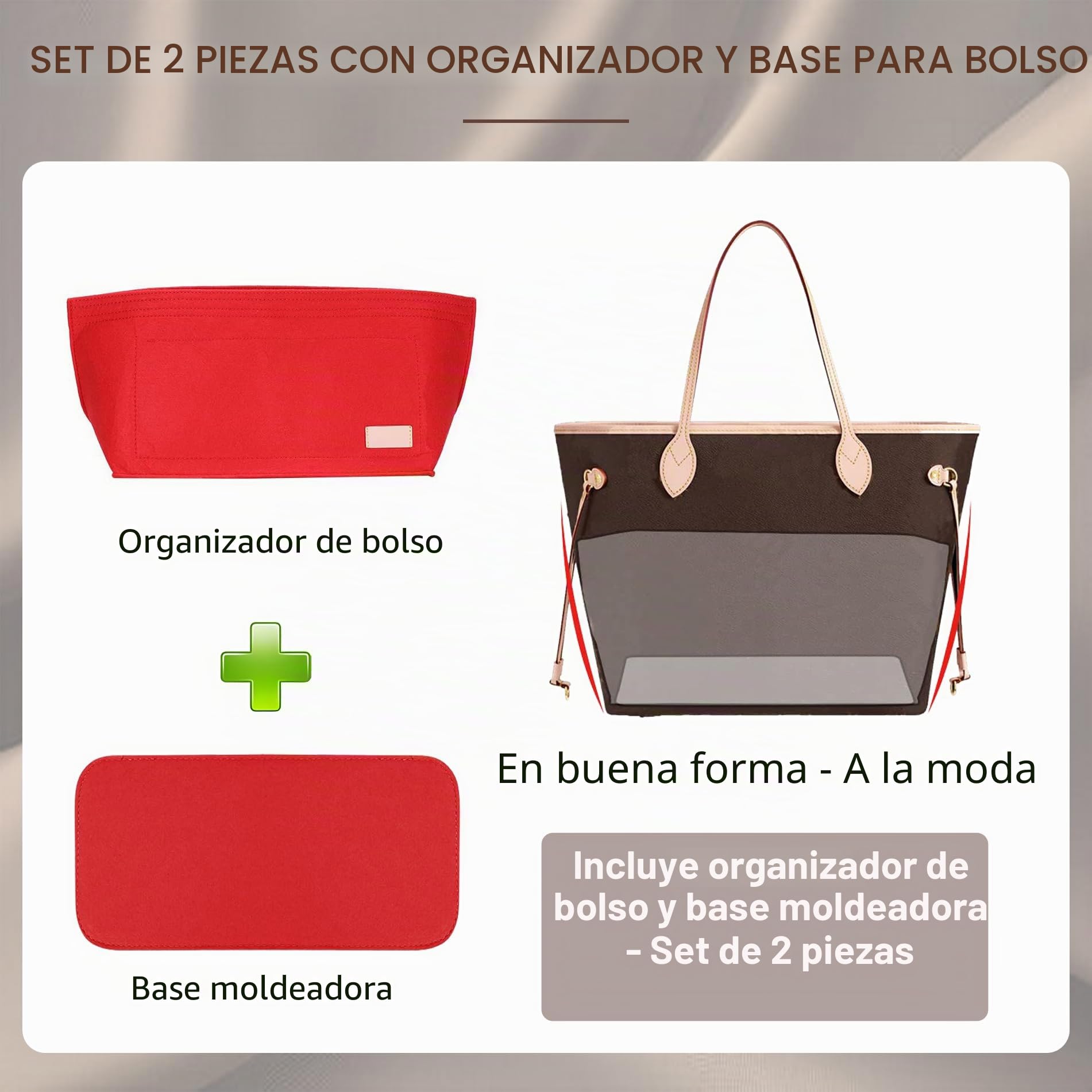 Doxo Organizador de bolso y bolsa de fieltro para Neverfull GM (XL, bolsa roja + forma de base roja)