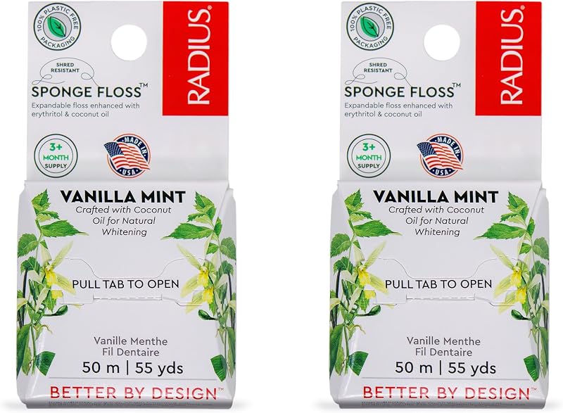 Radius Dental Floss, Sponge Floss, Vanilla Mint, 55 Yards, Vegan & Non-Toxic Oral Care Designed to Help Fight Plaque, Pack of 2