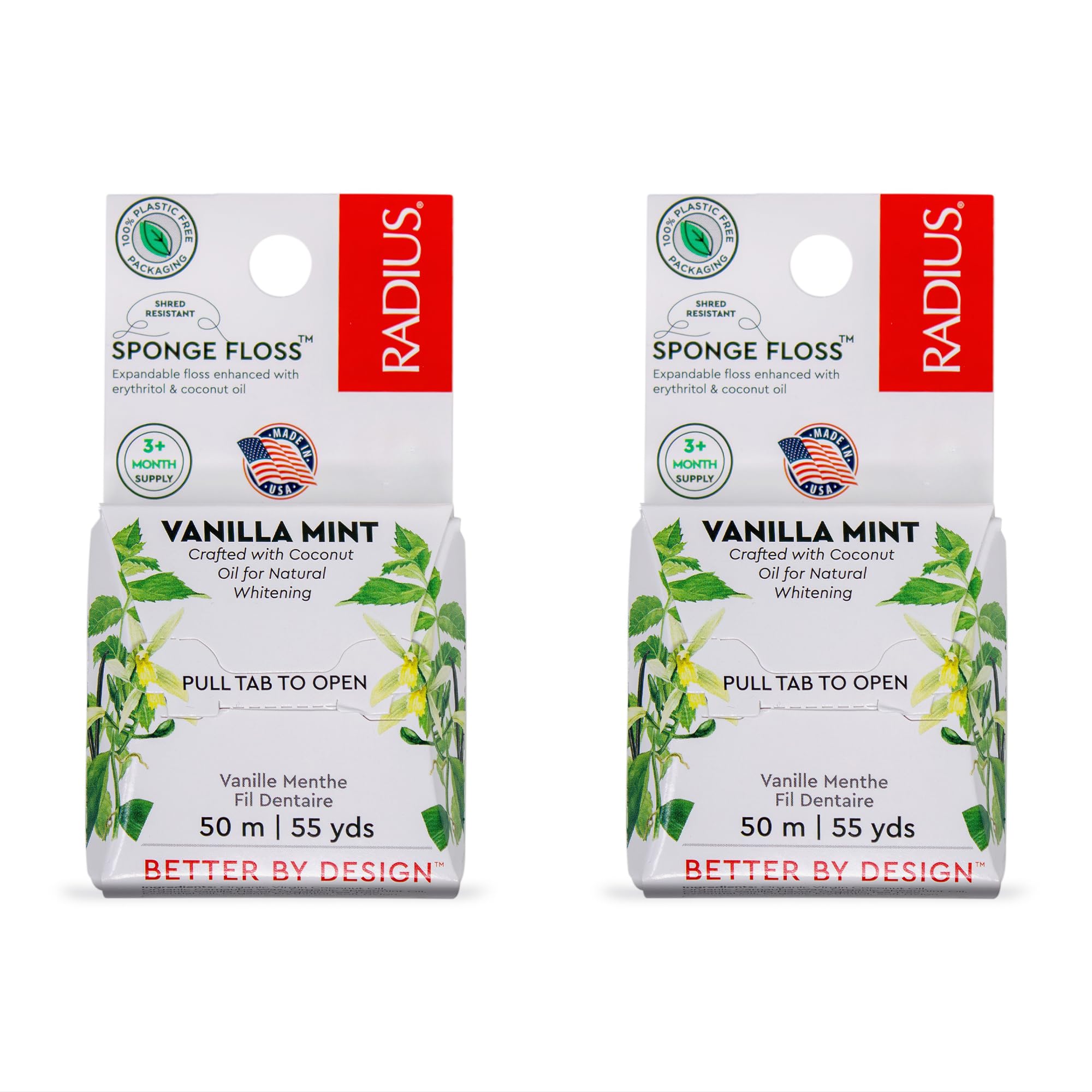 Radius Dental Floss, Sponge Floss, Vanilla Mint, 55 Yards, Vegan & Non-Toxic Oral Care Designed to Help Fight Plaque, Pack of 2