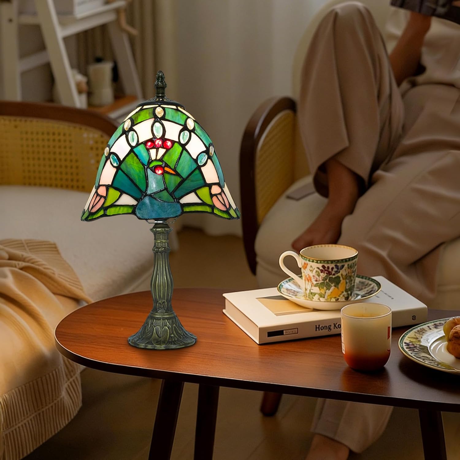 Small Tiffany Table Lamp, 8 Inch Antique Stained Glass Lamp for Bedroom Living Room Home, Handcrafted Light, Included E26 Bulb, 3 Color Temperature(Peacock)