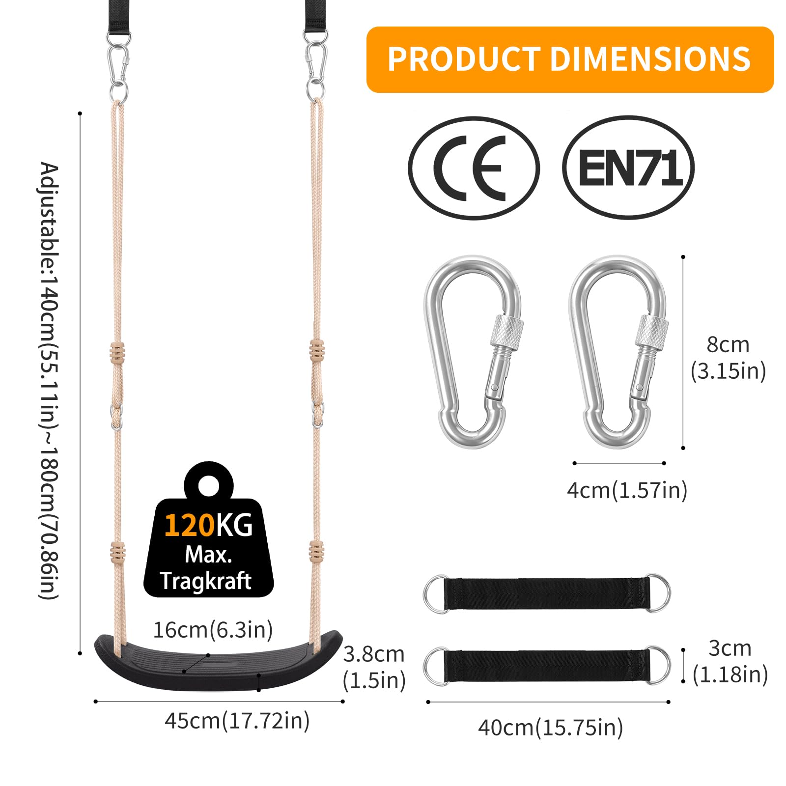 Ergonomische Schaukel, Höhenverstellbare Kinderschaukel bis 120kg, Wetterfester & Rutschfester Schaukelsitz, inkl. Baumgurten & Karabiner, Schwarz