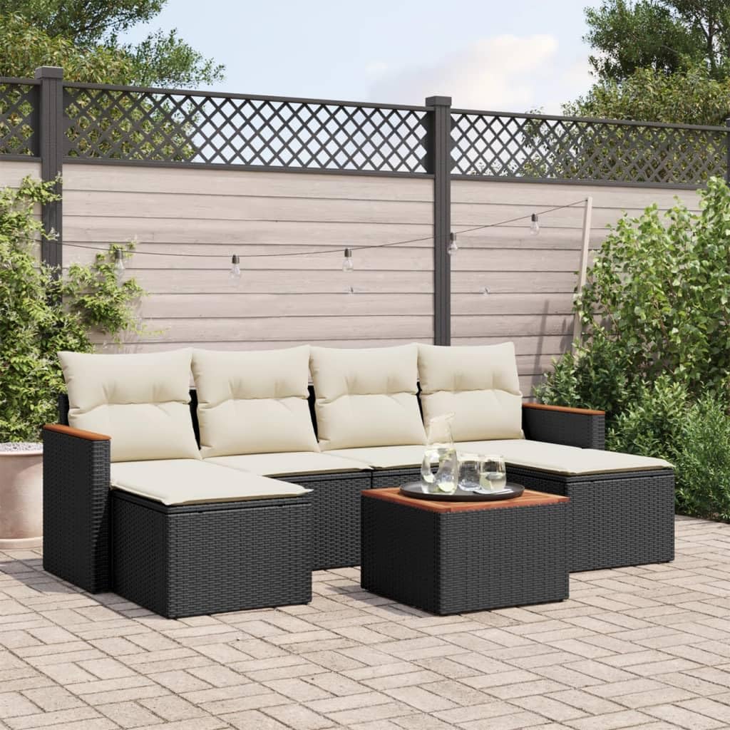 IKAYAA Sofa Exterior de Ratán, Muebles de Jardín con Función de Almacenamiento, Sofá Jardín, Conjunto Sofá Jardin Exterior de Ratán Muebles Jardín Exterior- 7 pzas Negro y Crema#10
