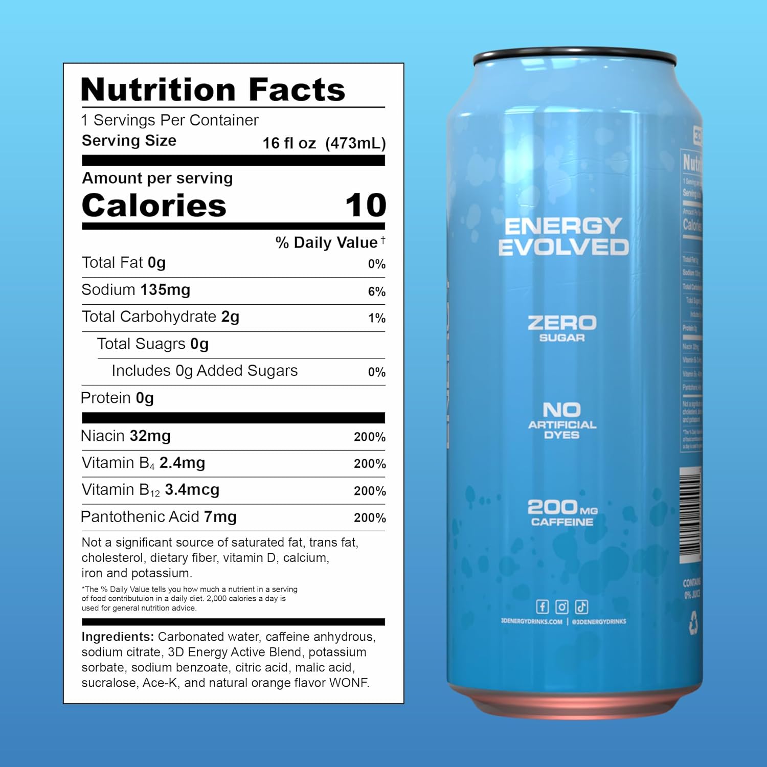 3D Energy Drink – Sugar Free, 200mg Caffeine, Pre Workout, Taurine, L-Carnitine, Lightly Carbonated, 16oz Cans, 12 Pack - Blueberry Mist - Image 2