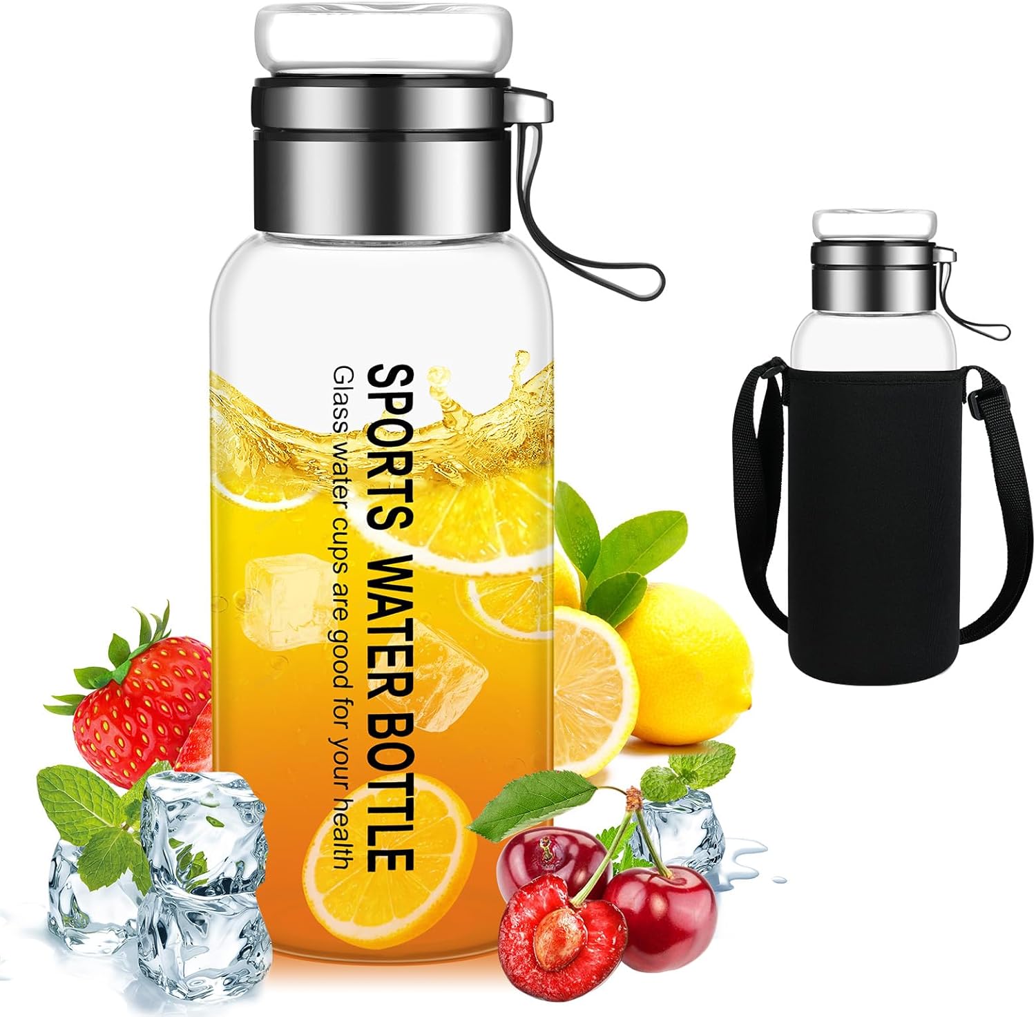 flintronic Glass Water Bottle1 Liter, Borosilicate Glass Drink Bottle with Stainless Steel