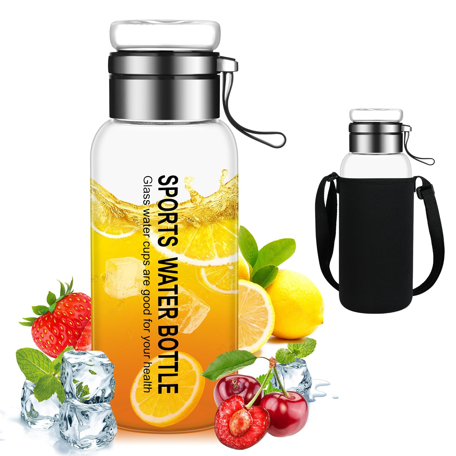 flintronic Glass Water Bottle-1 Liter, Borosilicate Glass Drink Bottle with Stainless Steel Filter, Leak-proof & BPA Free