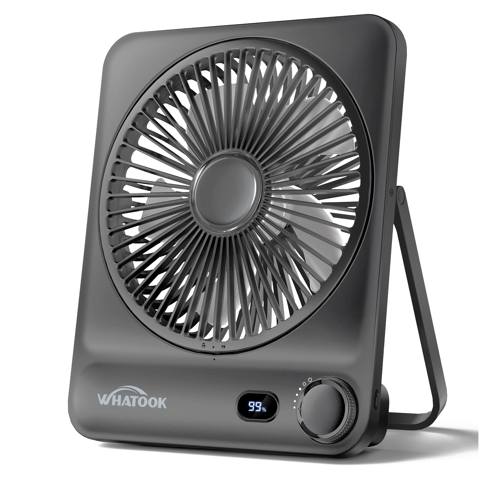 WHATOOK Large Travel Desk Fan: 10000mAh Battery 40 Hours Runtime Silent Rechargeable Fans, Quite Personal Portable Fan for Camping Bedroom Office Small Desktop fan (8.3 * 7.1inch Black)