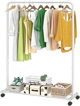 Simple Trending Standard Clothes Clothing Garment Rack with Storage Shelves, Rolling Clothes Organizer on Wheels for Hanging Clothes, White