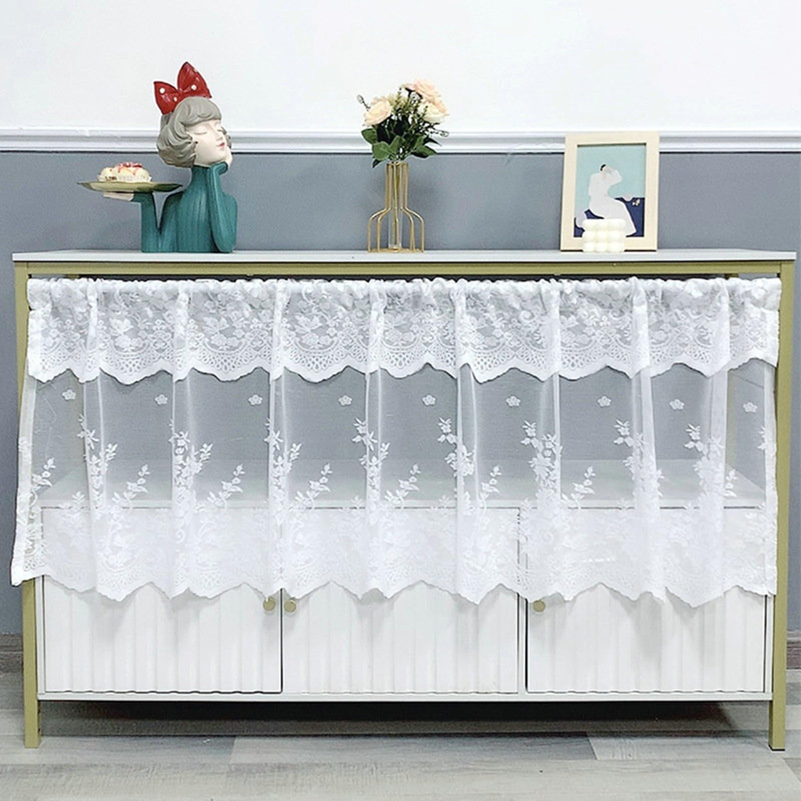 Visillo de bistró KnSam de poliéster blanco con encaje de flores, 230 x 45 cm