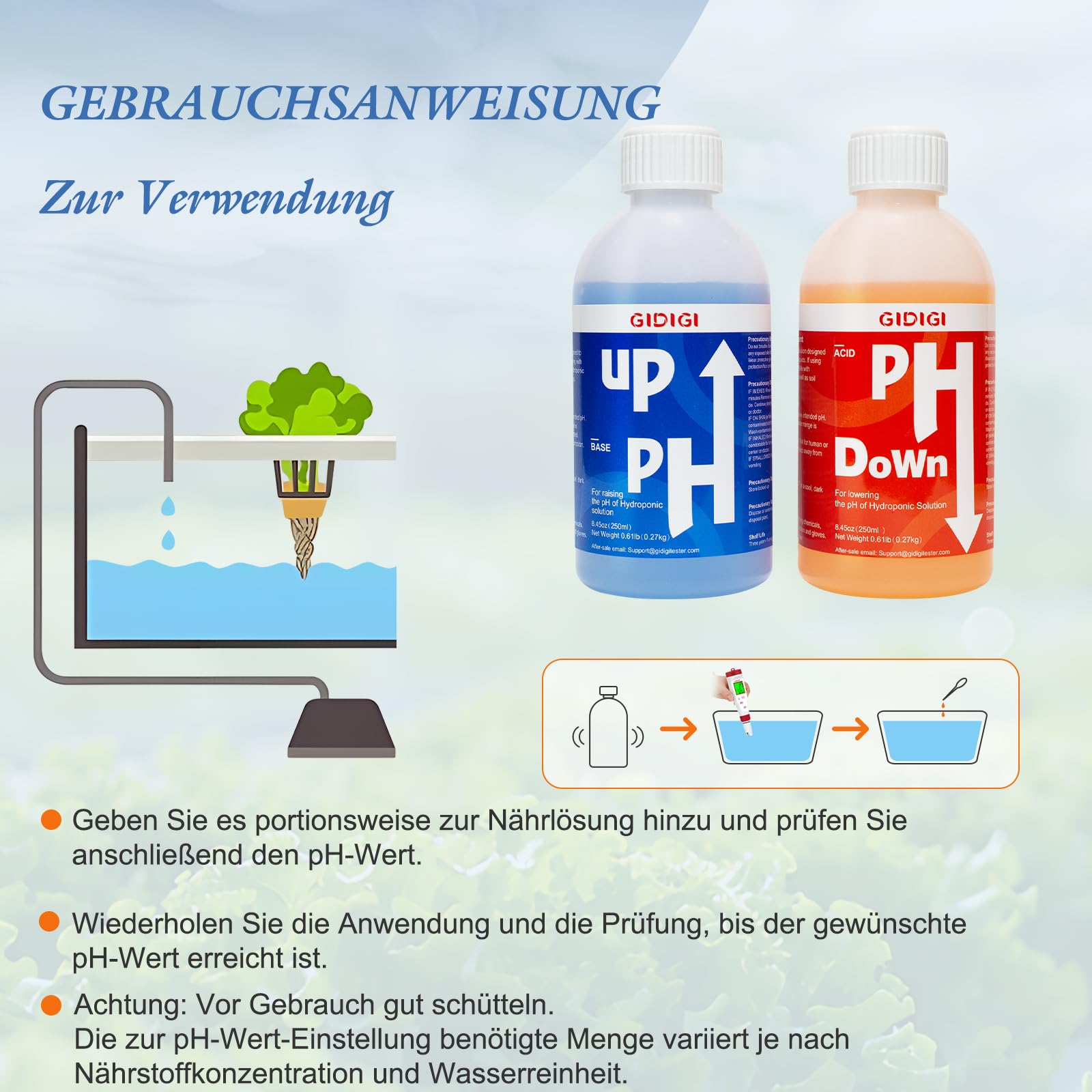 pH Regler Set pH Plus & Minus 2×250ml, pH Up & Down für Hydroponik Aquaponik Erde, Komplett Set mit Pipette Messbecher Teststreifen, pH Wert Einstellung 5,5–6,5