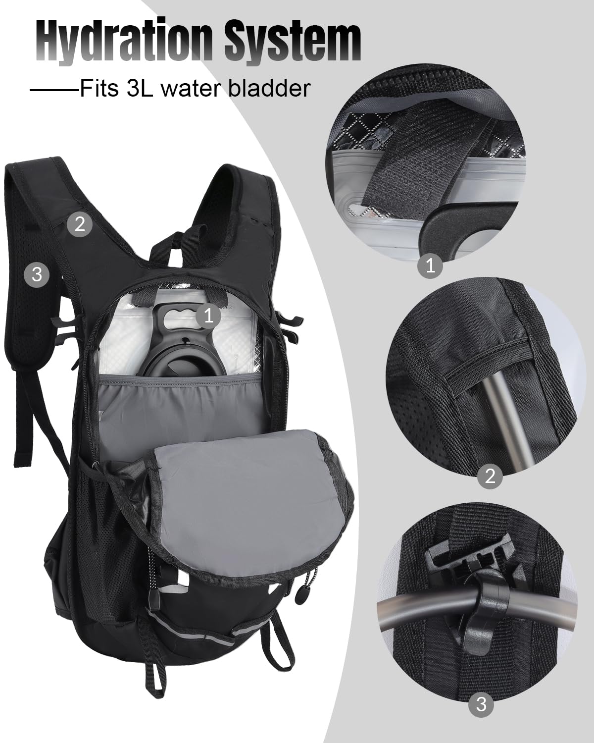 Piccolo zaino da ciclismo per idratazione con sacca d'acqua da 2 litri, zaino da trekking impermeabile da 15 litri con fibbia per casco e cinghia toracica