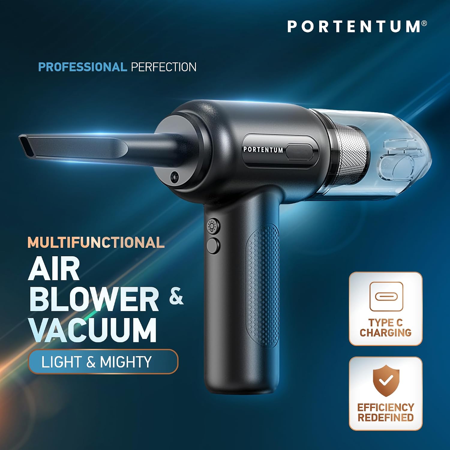 PORTENTUM® 2-in-1 Cordless Vacuum Cleaner and Compressed Air - Battery, 3 Speeds, and LED Light - Vacuum for Car, Keyboard, PC, Home