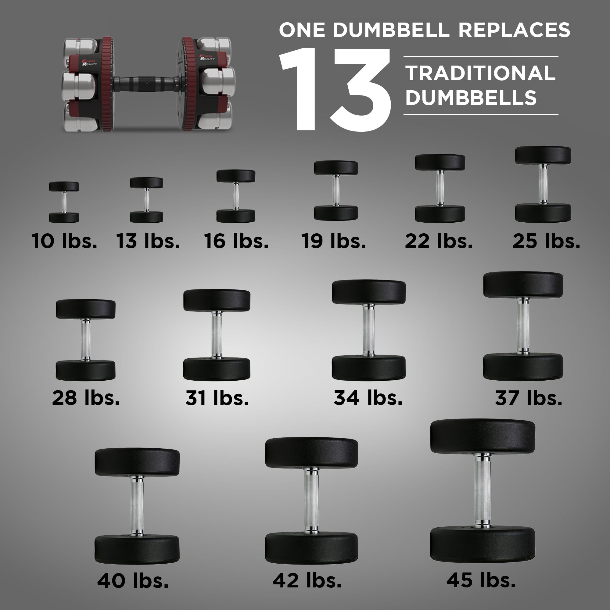 Fitness Reality Single Adjustable Dumbbells 10-45 Pounds, 3 lbs increments, Adjustable Weight Kettlebell Bag