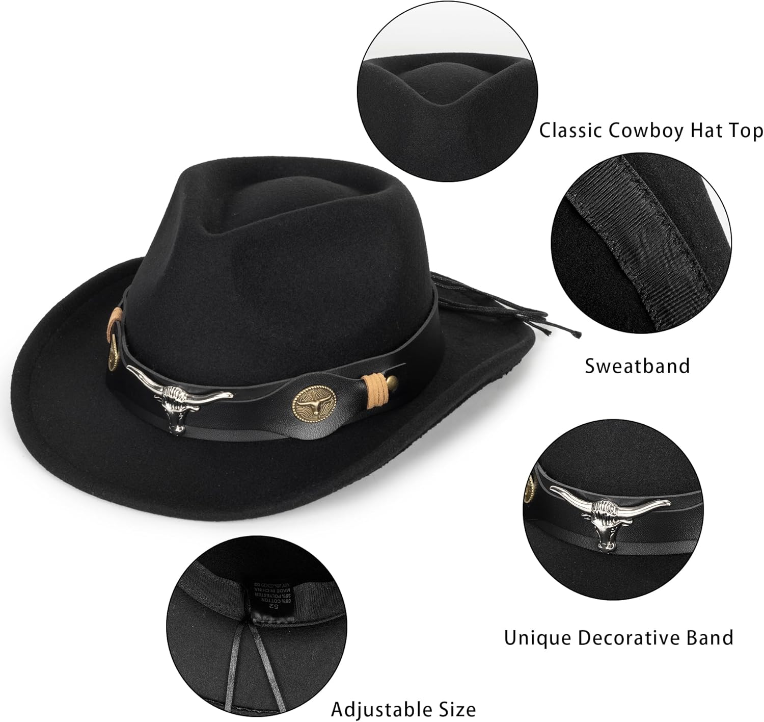 Western-Cowboy-Hat Classic Cowgirl-Hat for Kids Boys Girls Bull-Head Fedora for Party(4-8T)