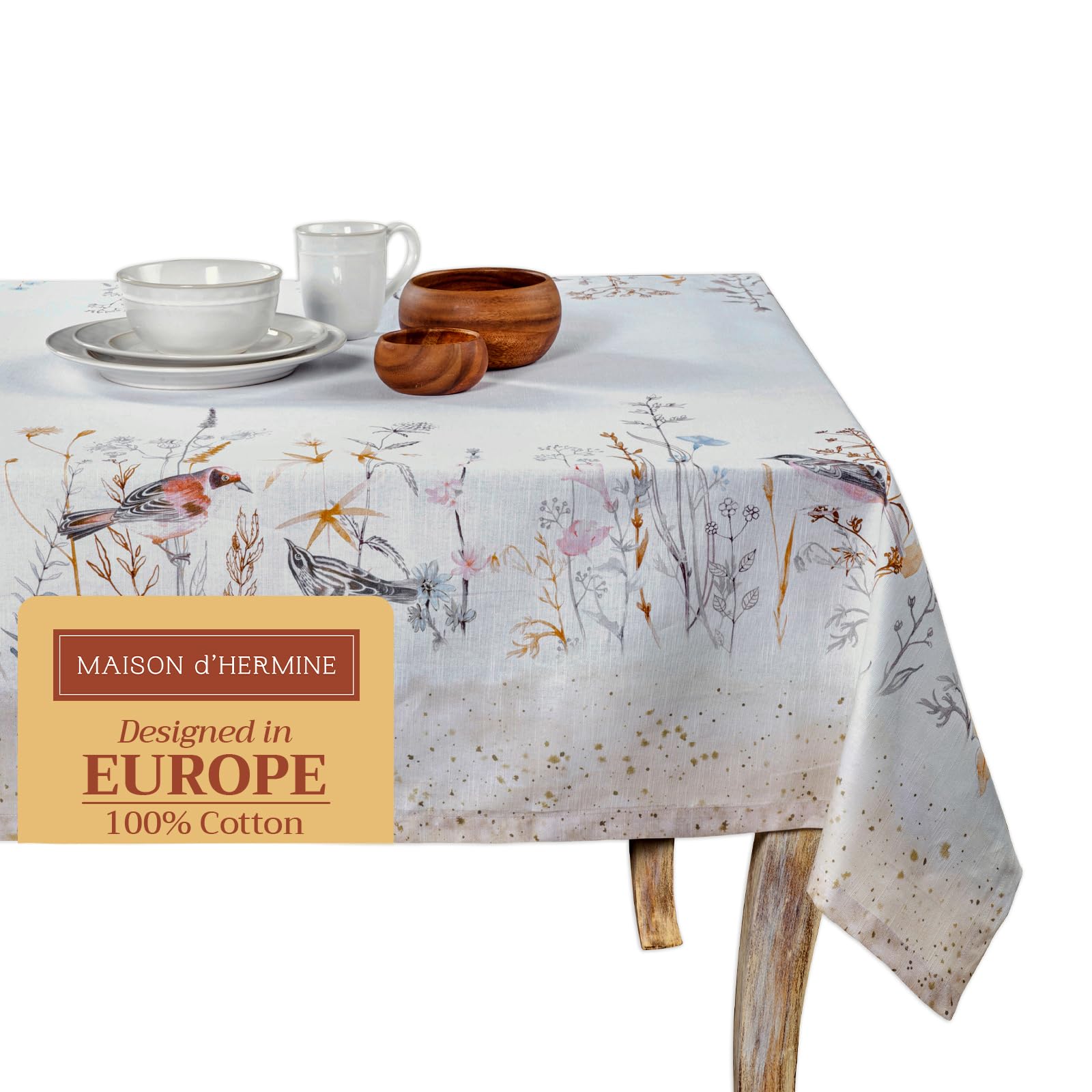 Maison d'Hermine Tischdecke, rechteckig, 100% Baumwolle, 220 cm x 160 cm. Wiederverwendbar, für den täglichen Gebrauch, für Partys, Festliche Anlässe und Frühjahr Sommer (Meadow Florals - Beige)