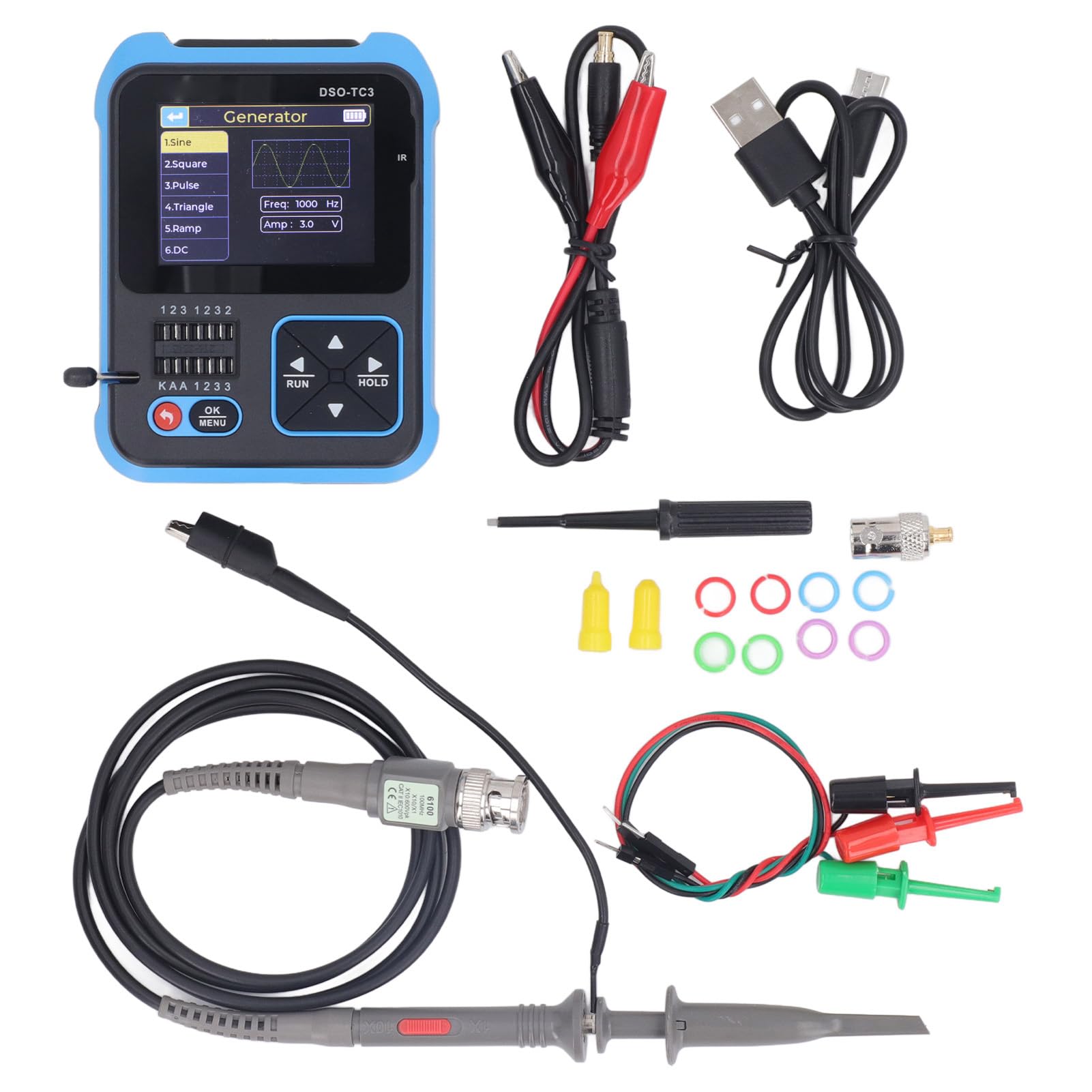 Duokon Osciloscopio DSO TC3, Osciloscopio Portátil 3 en 1, Probador de Componentes Digitales ABS y Generador de Funciones, 500 KHz 10 S, para Estudiantes Ingenieros Reparación de Laboratorio