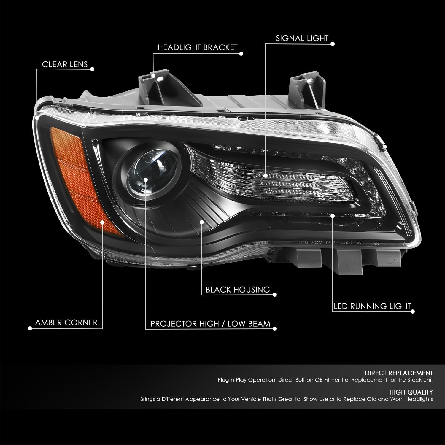 DNA MOTORING Right OE Style LED DRL Headlight Compatible with 2011-2014 Chrysler 300,Black/Clear, OEM-HL-0223-R