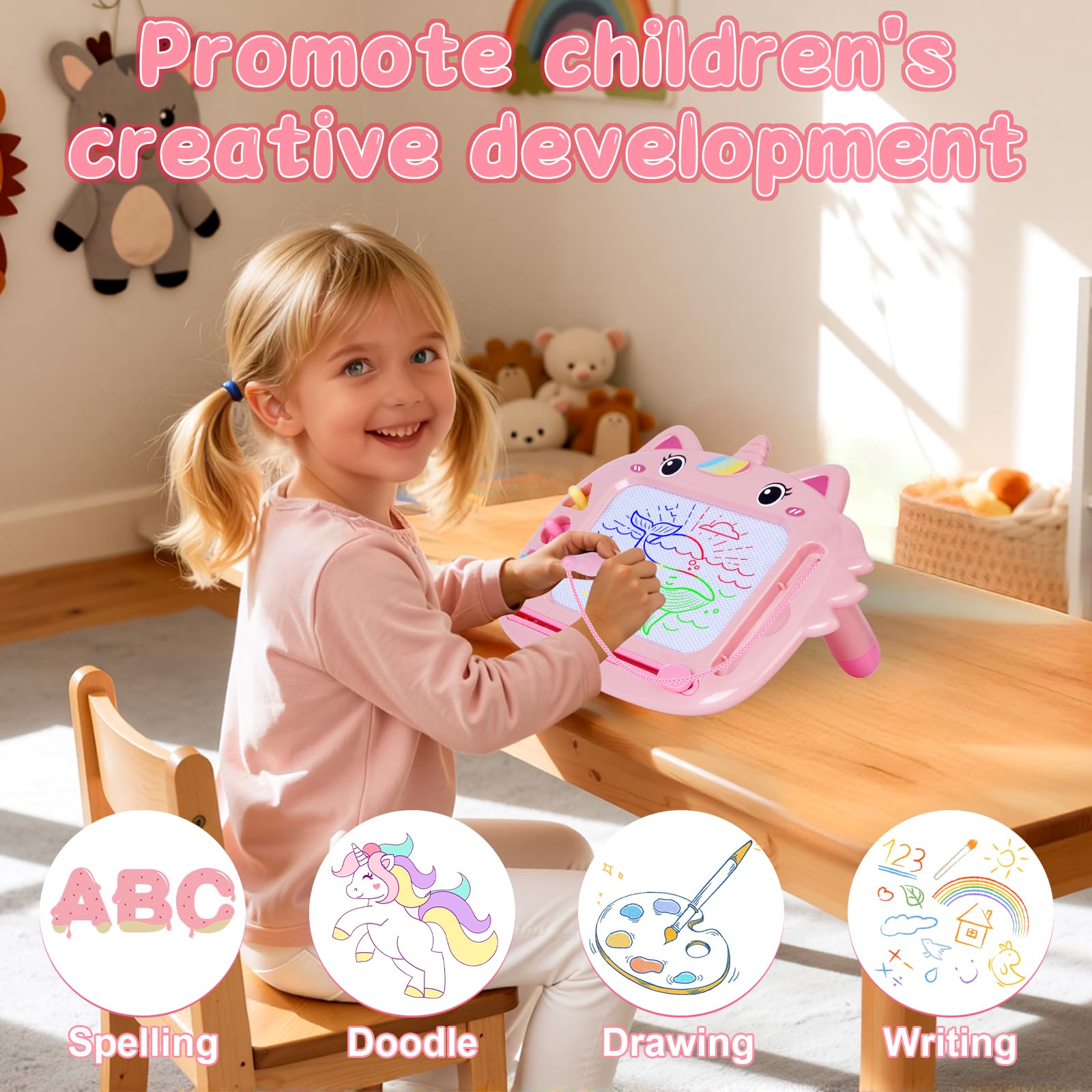 Lavagna Magnetica per Bambini, 4 Colori Tavoletta Grafica con 3 Francobolli e 1 Penna Portatile Cancellabile Lavagna Magica Scrittura Tablet 1-5 Anni Giocattoli Educativi Regalo per Ragazzi e Ragazze