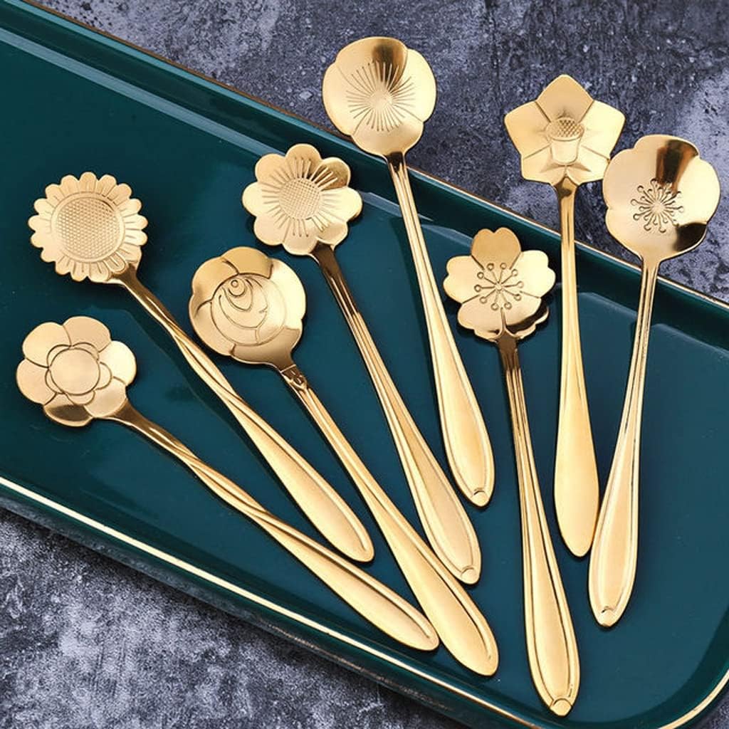 8Pcs Flower Spoon Set Small Teaspoon Coffee Ice Cream Dessert Silver Gold Stainless Steel for Tea