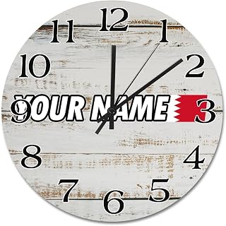 Bahrain National Flag Wall Clock Custom Your Name Large Wooden Wall Clocks Battery Operated 15 Inch Time Clock Wall Hanging Art Rustic Home Decor for Kitchen Living Room Bedroom Office