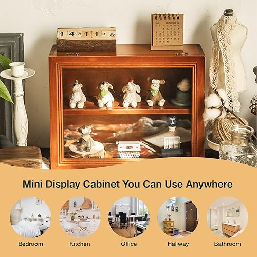 Miniatura 6 de Mini vitrina de 2 niveles, organizador de almacenamiento de madera con puerta libre de polvo, estante de dos niveles y caja de almacenamiento de