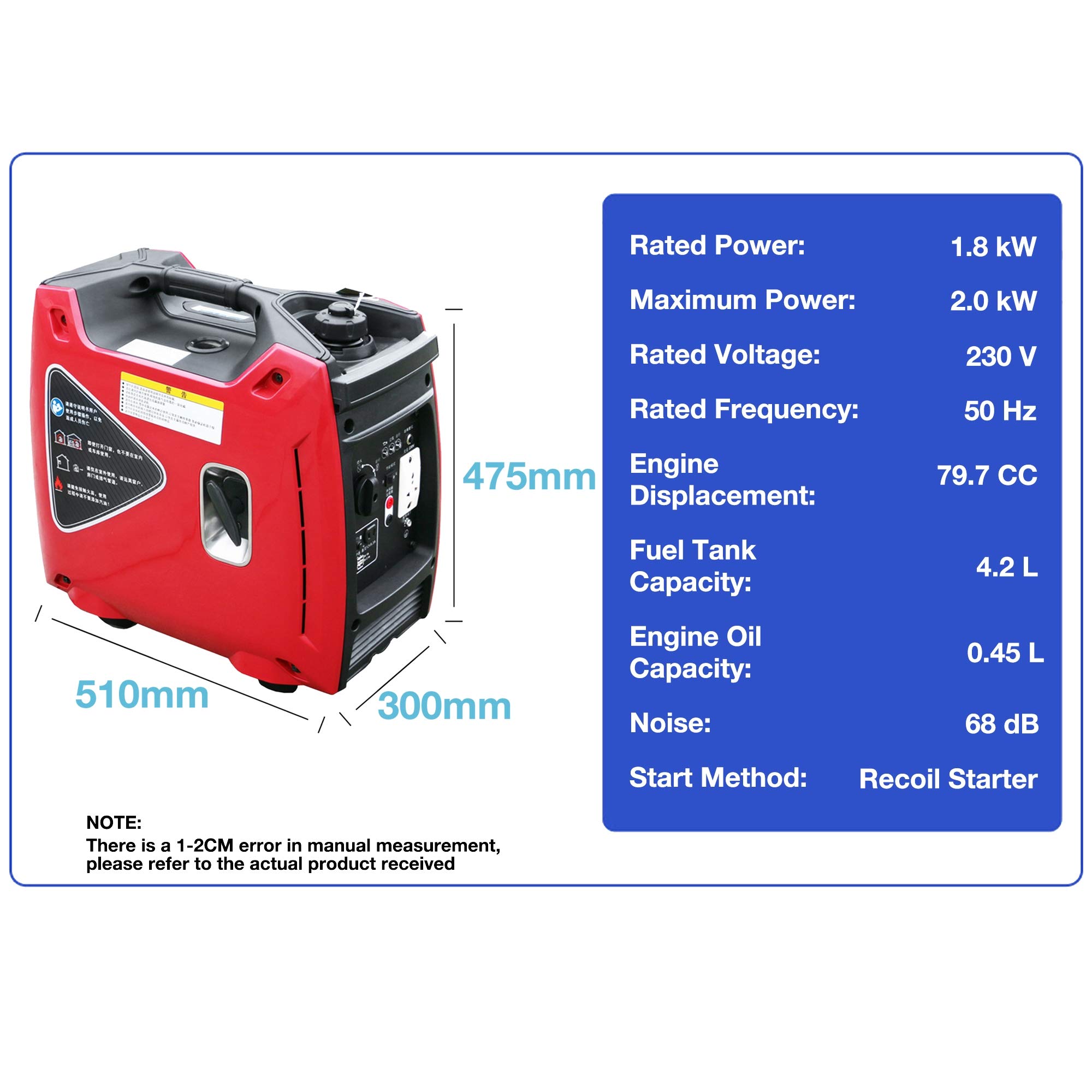 TGHY Generatore di Corrente Inverter Motore a Benzina da 2000watt 79cc a 4 Tempi Super Silenzioso e Leggero Alimentatore di Riserva Esterno