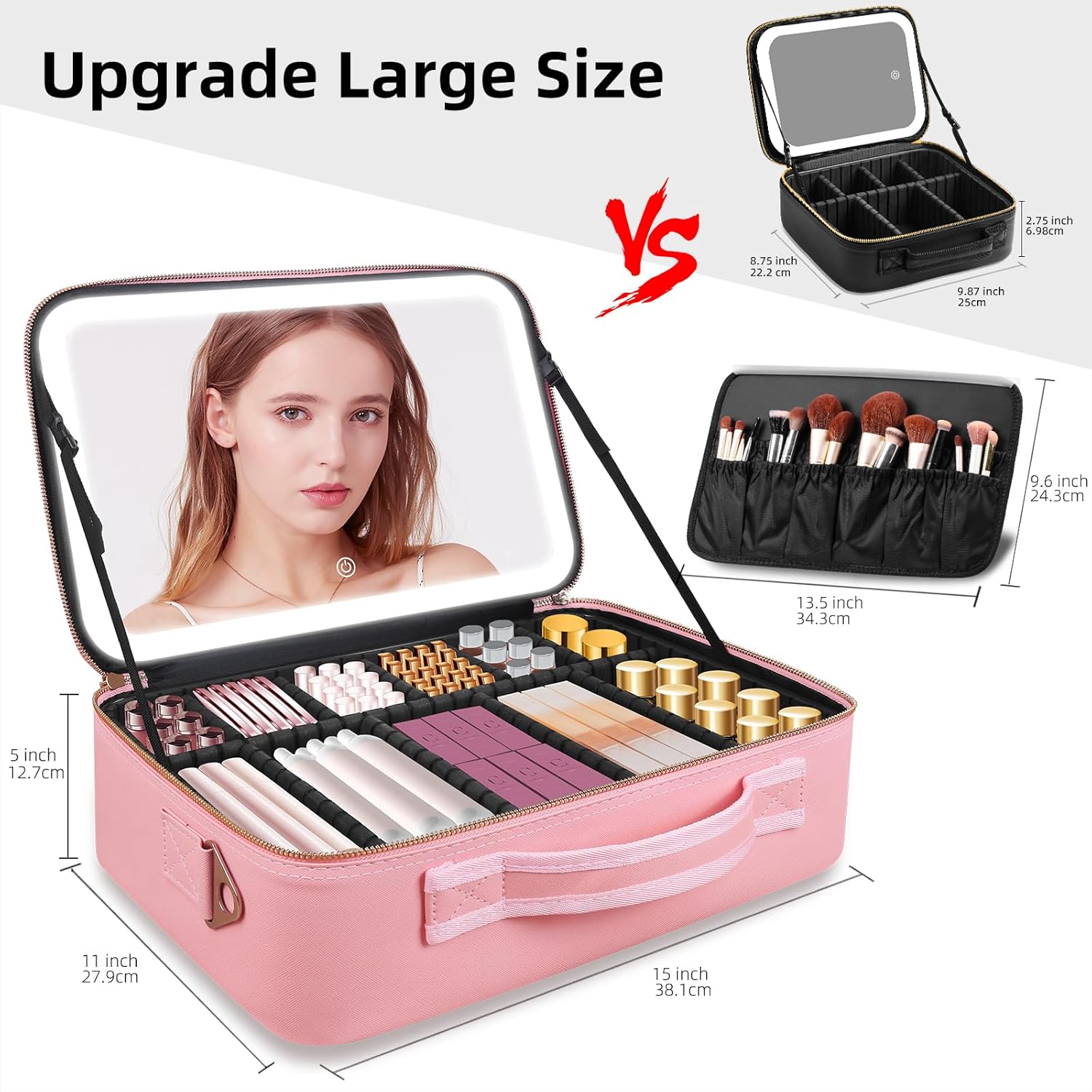 Upgraded Large Travel Makeup Bag with LED Mirror, 15” Professional Makeup Case with 3 Color Modes Dimming Lighted Mirror, Light up Cosmetic Make up Organizer with PU Leather Cover, Adjustable Dividers