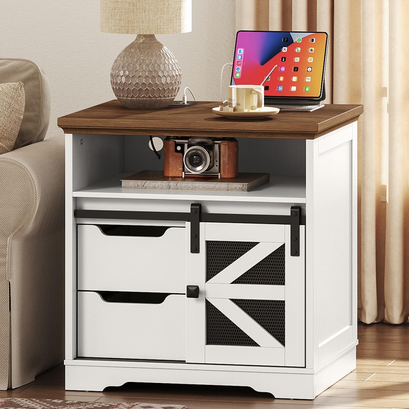 Farmhouse End Table with Charging Station, Sofa Side Table with 2 Drawers and Barn Door, Rustic Wooden Nightstand Bedside Table for Bedroom, Living Room, Greige