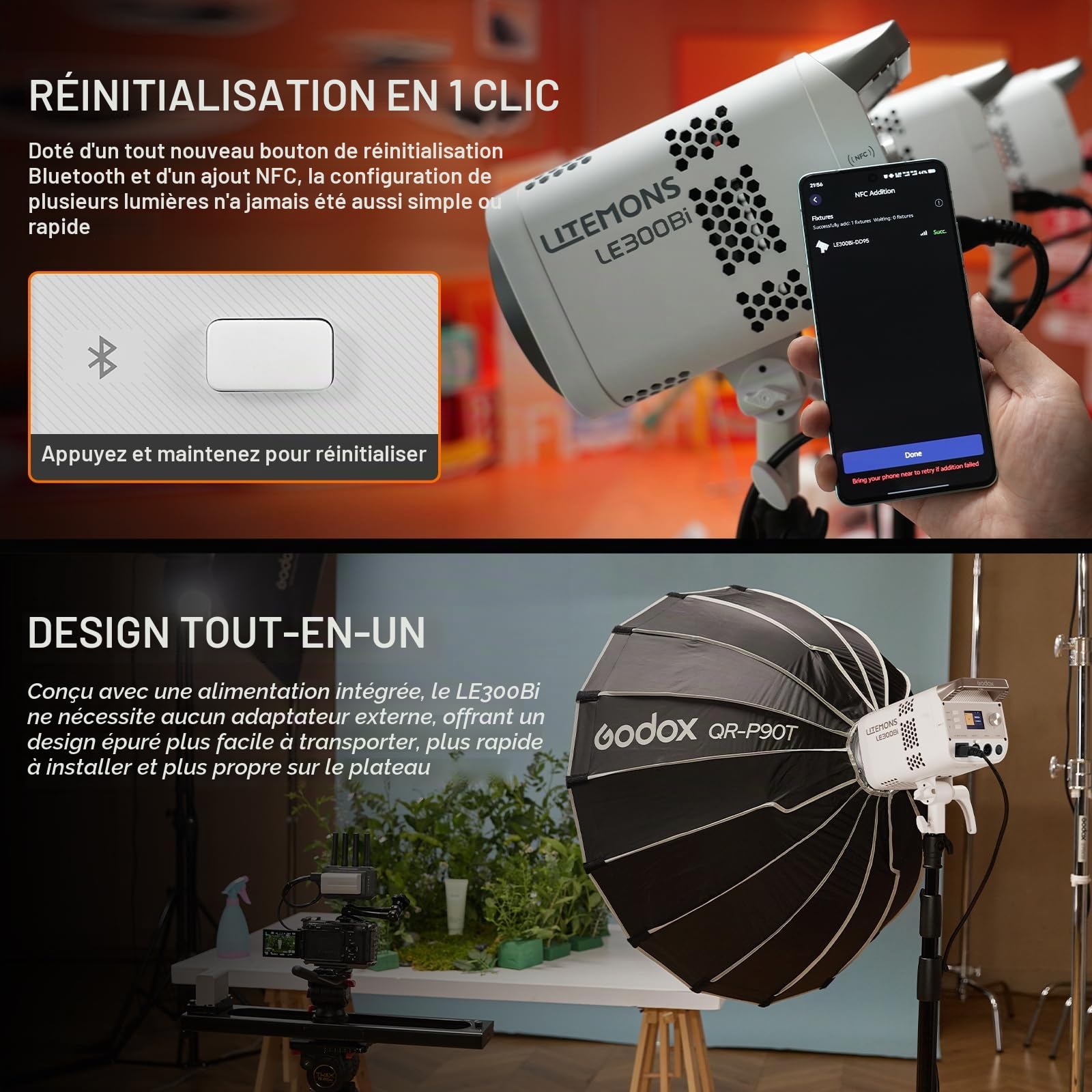 Godox Litemons LE300Bi LE300 Bi Éclairage Continu LED Video Light 320W 2800K~6500K 58900 Lux/1m TLCI/CRI≈98 Contrôle Bluetooth 11 Effets FX Monture Bowens Éclairage Vidéo pour Vlogging,Youtube(Blanc