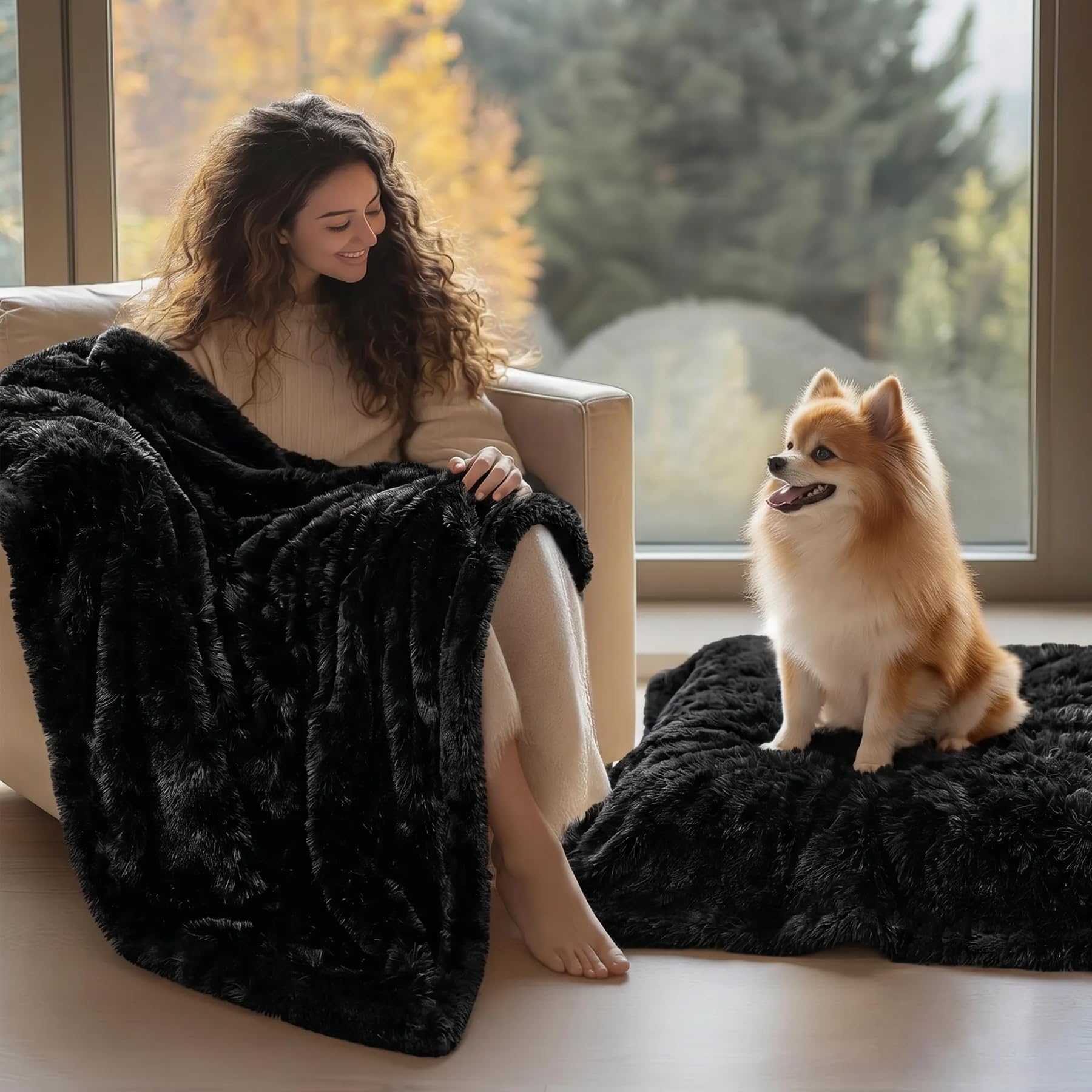 Manta impermeable y esponjosa negra para perros grandes, manta larga de piel sintética para mascotas para fundas de cama tamaño King (negro, XL-85 x 57 pulgadas)