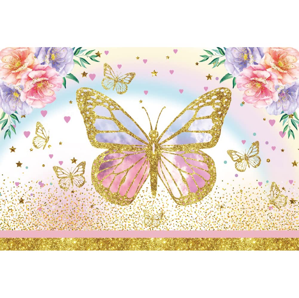 Xiaoterna 2,2x1,5m Sfondo di buon compleanno Farfalla Corona Ragazze Compleanno Fiori rosa in fiore sfondo fotografico Farfalla rosa Sfondo corona d'oro Bambini Ritratti Foto Studio Oggetti di scena