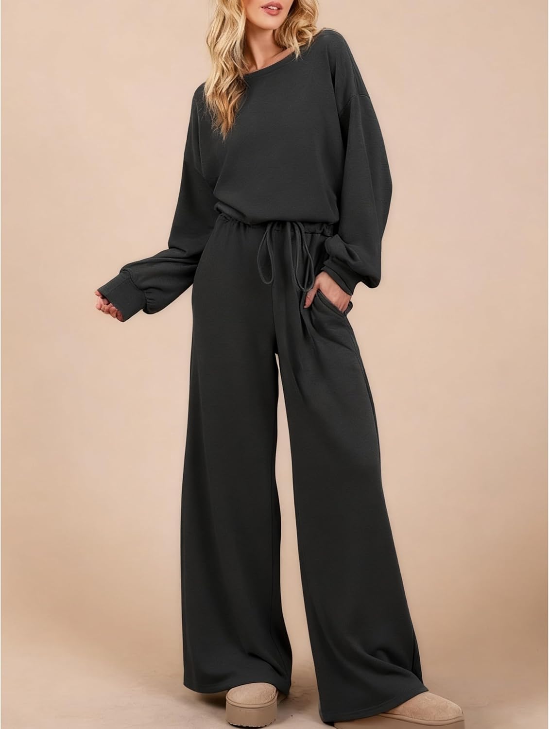 Women's Long Sleeve Jumpsuits Casual Boat Neck Wide Leg Rompers Elastic Waist Drawstring Long Pants Overalls - Image 7