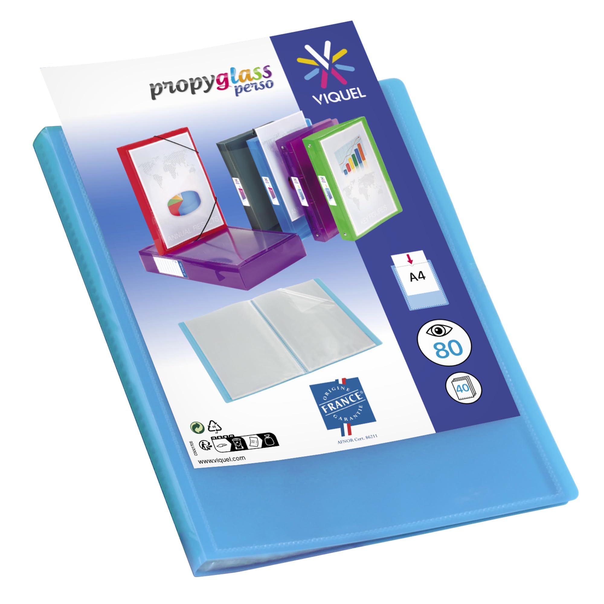 Viquel - Customisable document protector - A4 size binding - 80 views (40 pockets) - Made in France - Premium pockets - Translucent blue