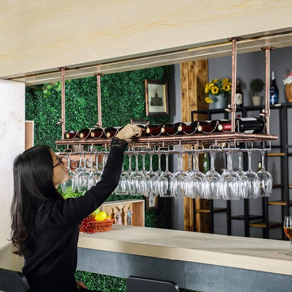 Adjustable Height Metal Ceiling Wine Rack with Stemware Holder Industrial Vintage Bar Counter Wine Glass Storage Organizer Rustic Bronze Wine Bottle Holder for Home Bar Decor (47×1