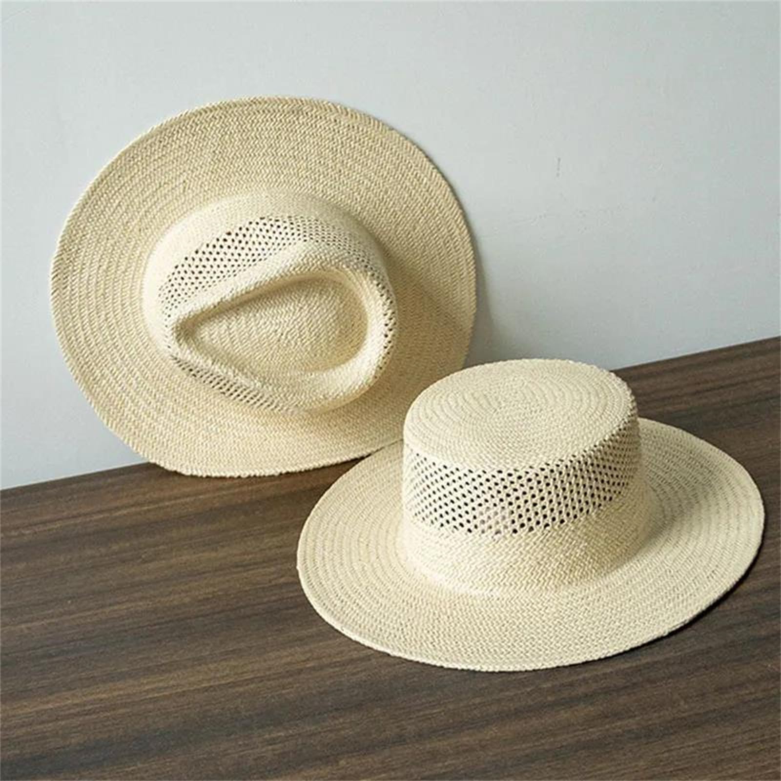 Sombreros de paja beige para mujer, sombrero de verano de ala ancha hueca de paja para el sol, para viajes, playa